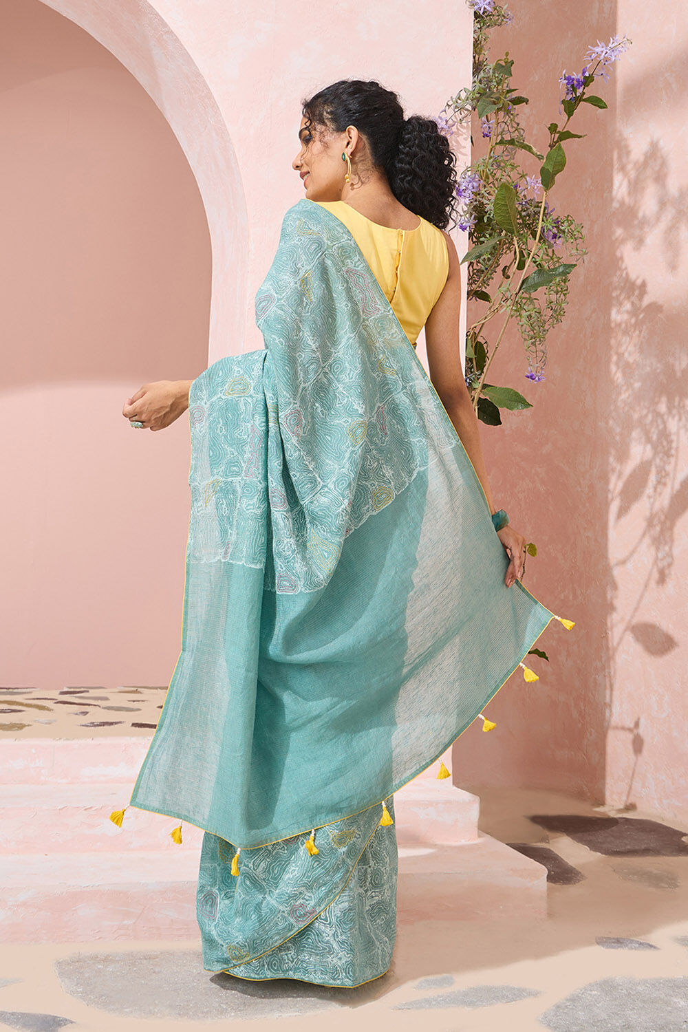 Light Blue Block Printed Tissue Linen Saree image number null