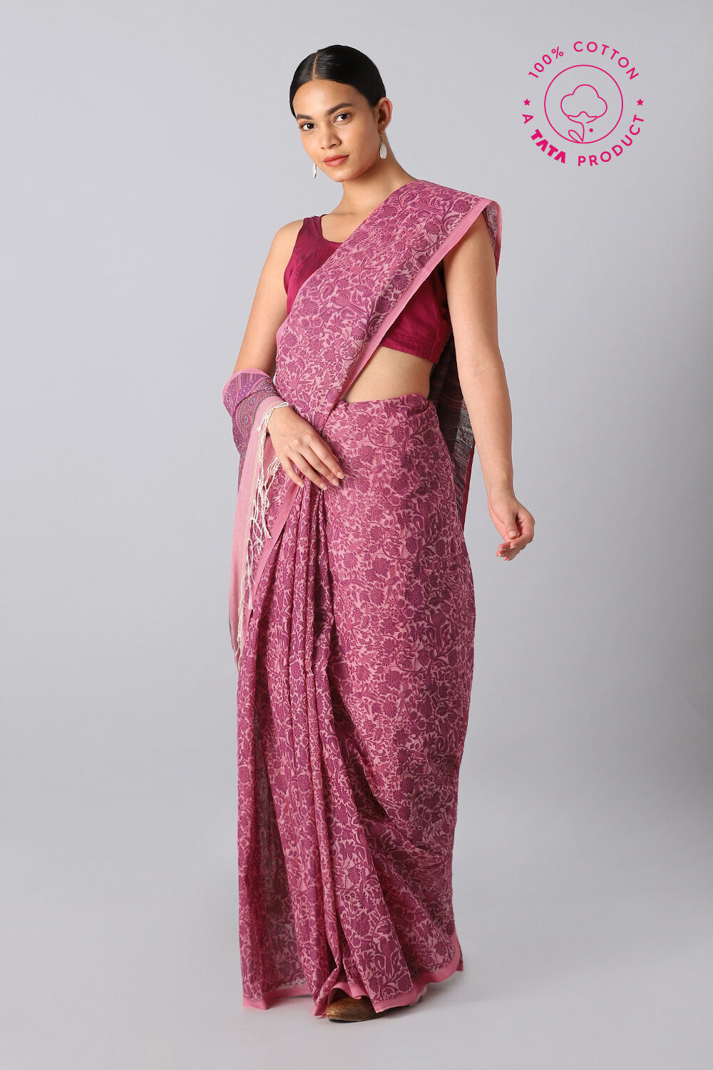 Pink Pure Cotton Printed Saree image number null