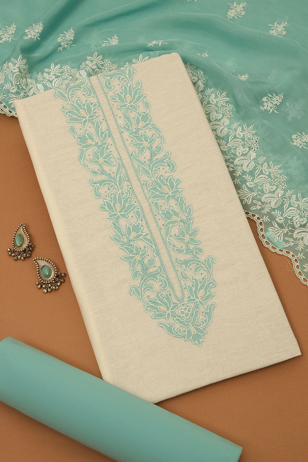 Off White Viscose Embroidered Unstitched Suit Set image number null