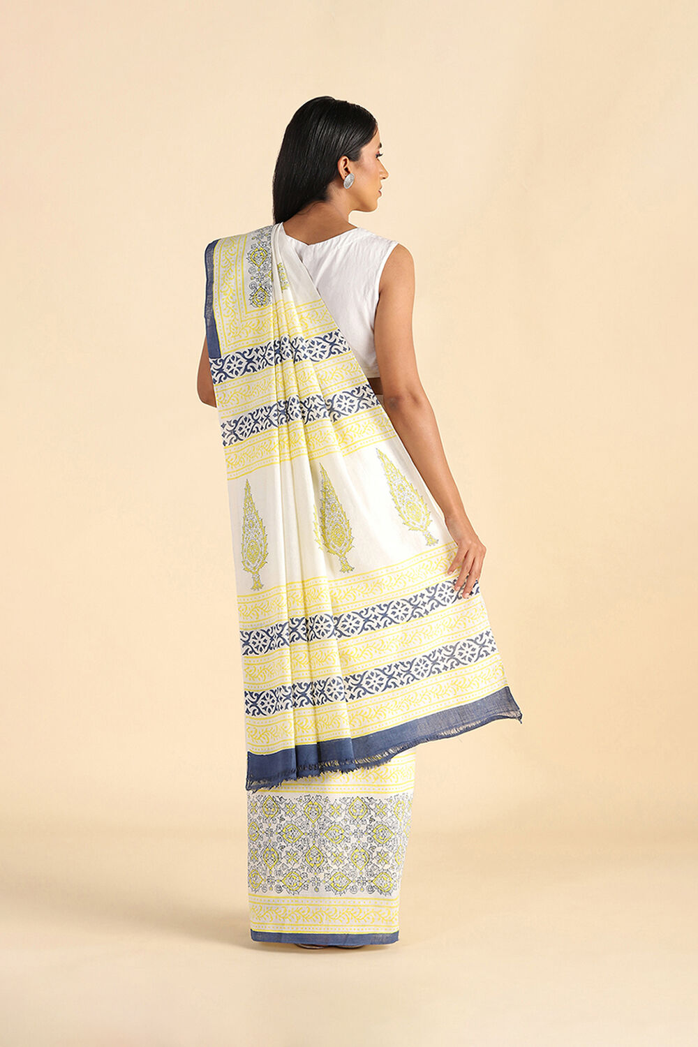 Light Yellow Pure Khadi Cotton Sanganeri Hand Blockprinted Saree image number null