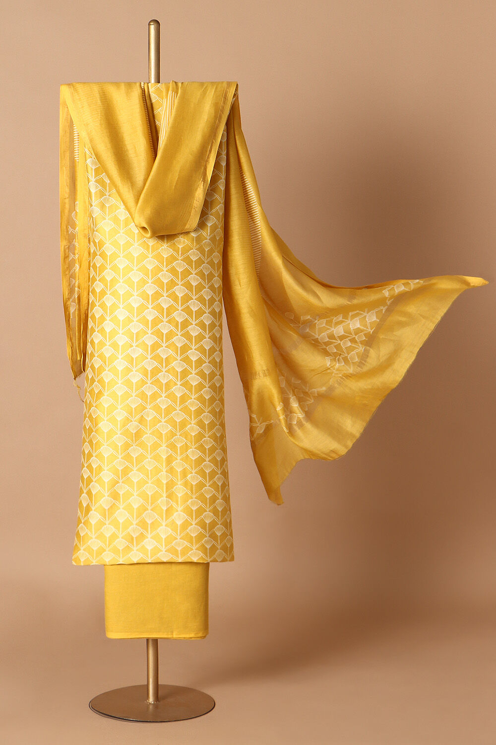 Yellow Silk Cotton Printed Unstitched Suit Set image number null