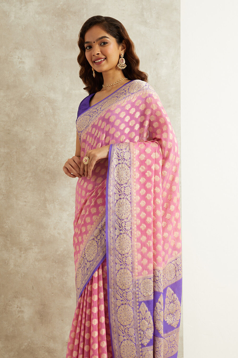 Pink Pure Silk Georgette Banarasi Cutwork Saree image number null