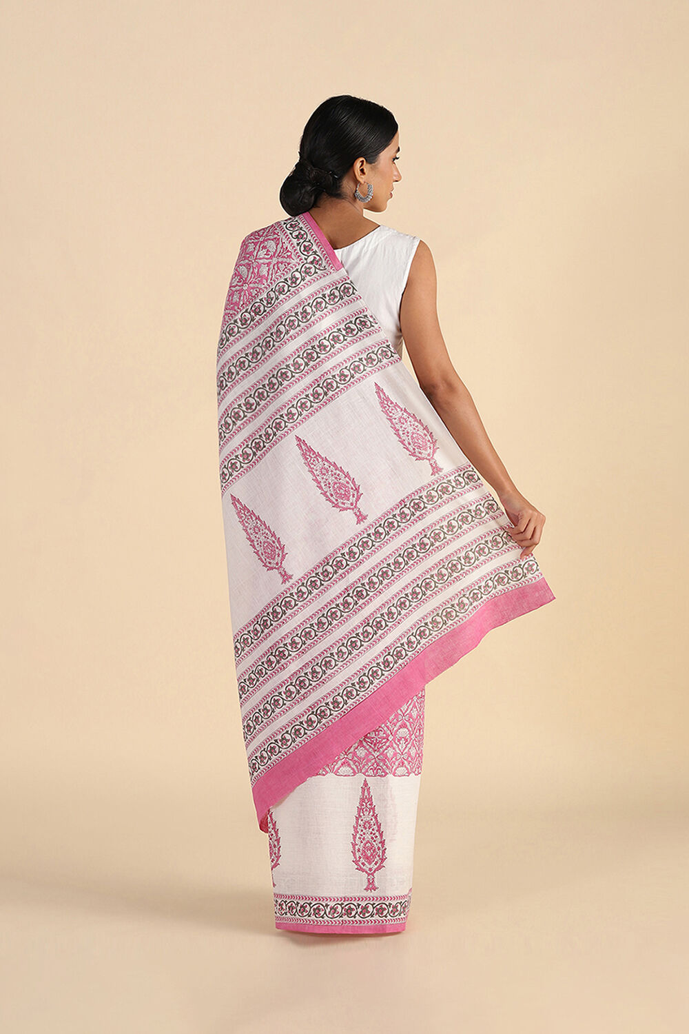 Light Pink Pure Khadi Cotton Sanganeri Hand Blockprinted Saree image number null