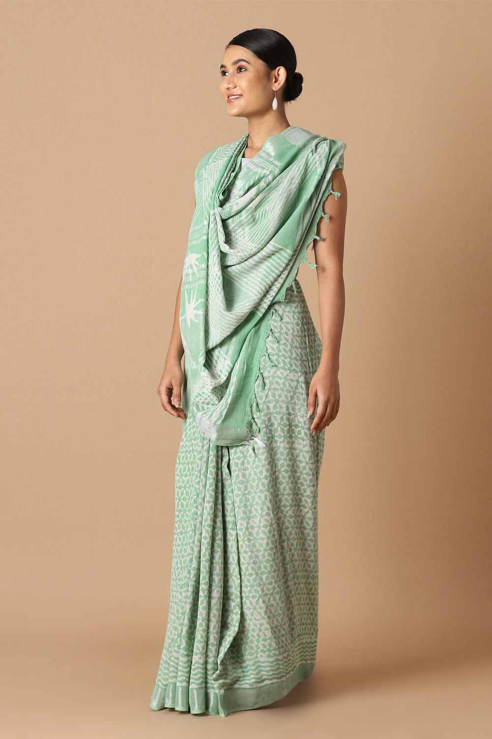 Light Green Pure Cotton Linen Bagru Printed Saree image number null