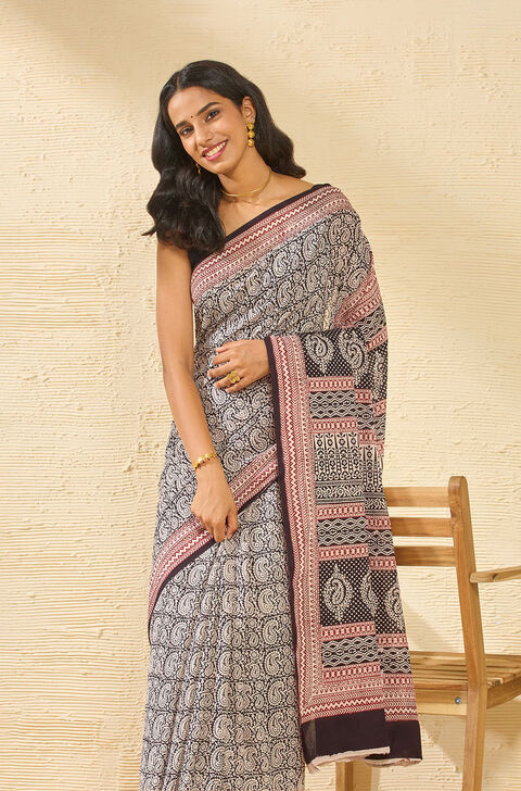 Black Bagh Block Printed Pure Cotton Saree