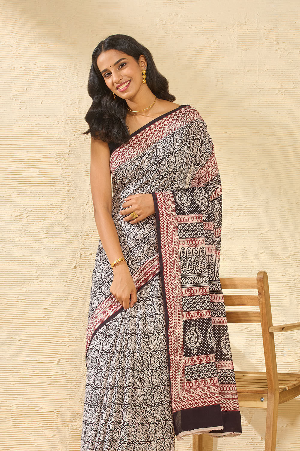 Black Bagh Block Printed Pure Cotton Saree image number null