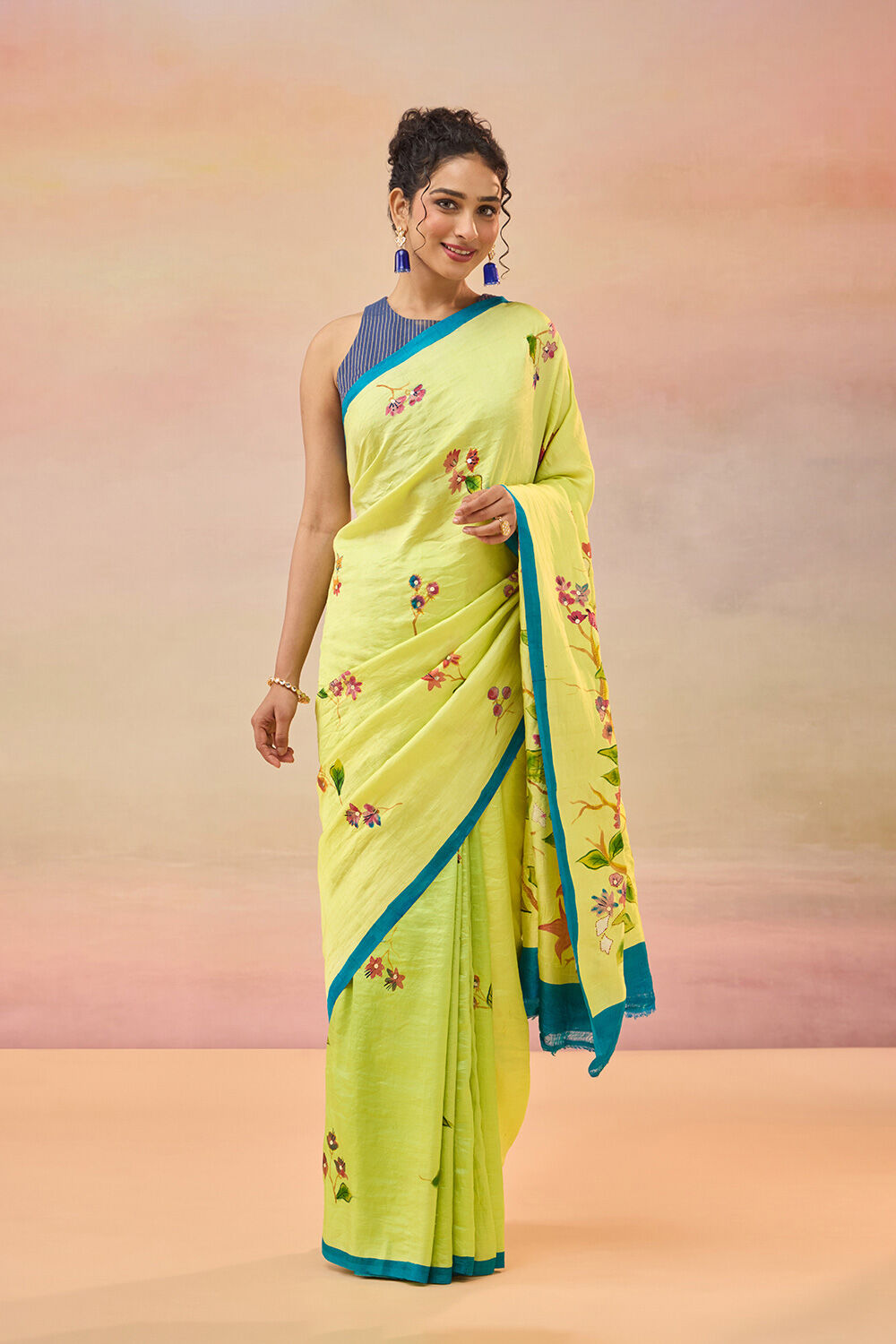 Light Green Bengal Pure Silk Hand Painted Embroidered Saree image number null