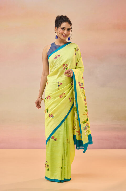 Light Green Bengal Pure Silk Hand Painted Embroidered Saree