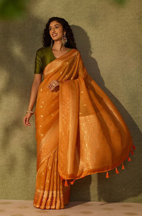 Orange Viscose Tissue Woven Saree