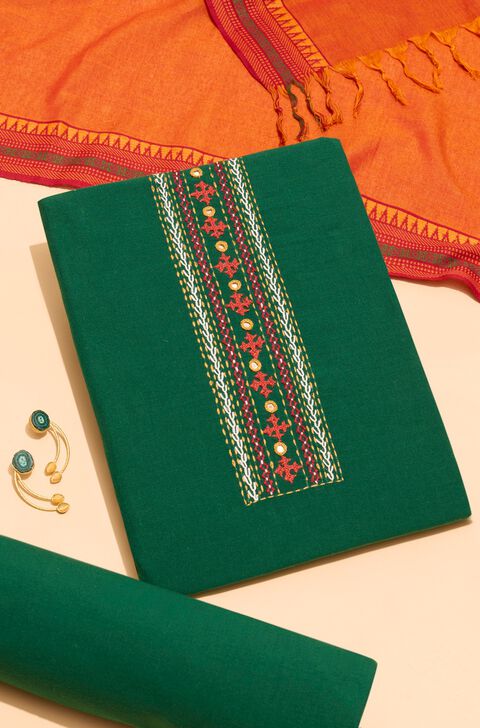 Dark Green Pure Cotton Embroidered Unstitched Suit Set