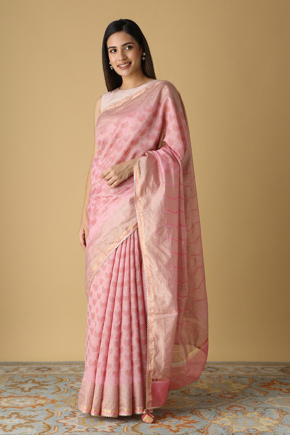 Pink Pure Silk Cotton Hand Printed Saree image number null