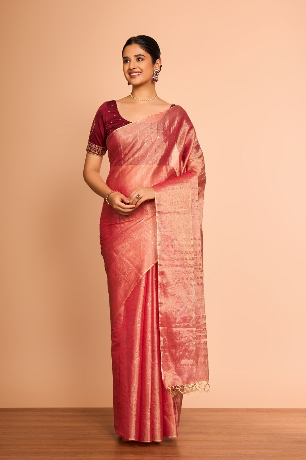Light Red Pure Tissue Cotton Woven Saree image number null