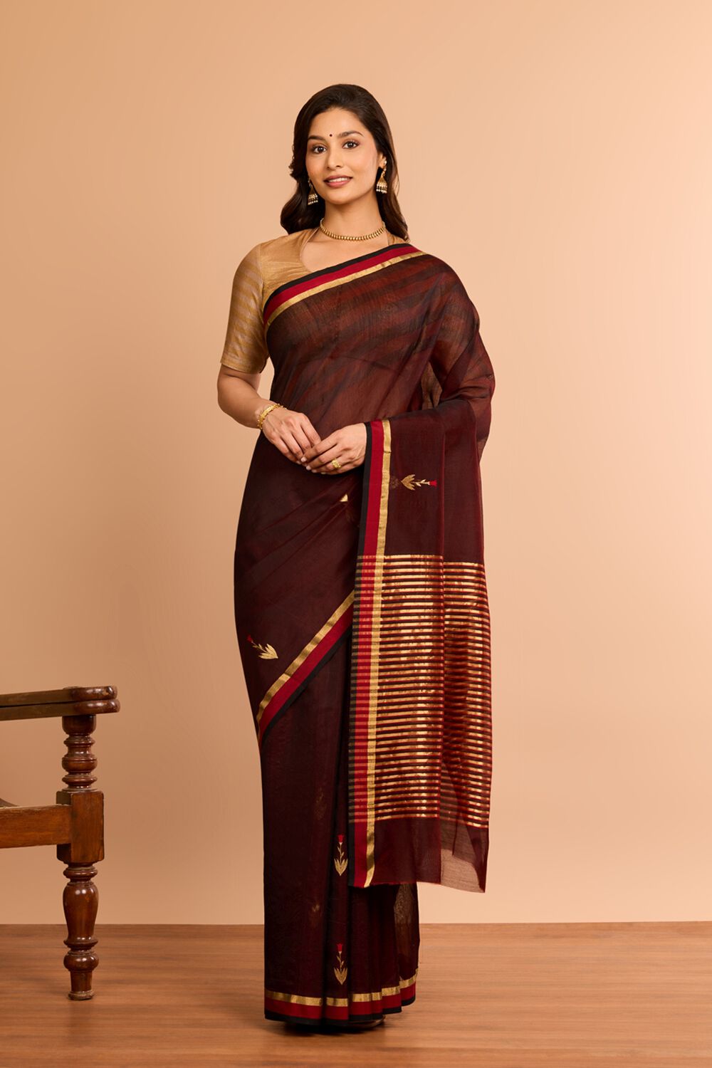 Dark Red Eknaliya Pure Silk Cotton Chanderi Saree image number null