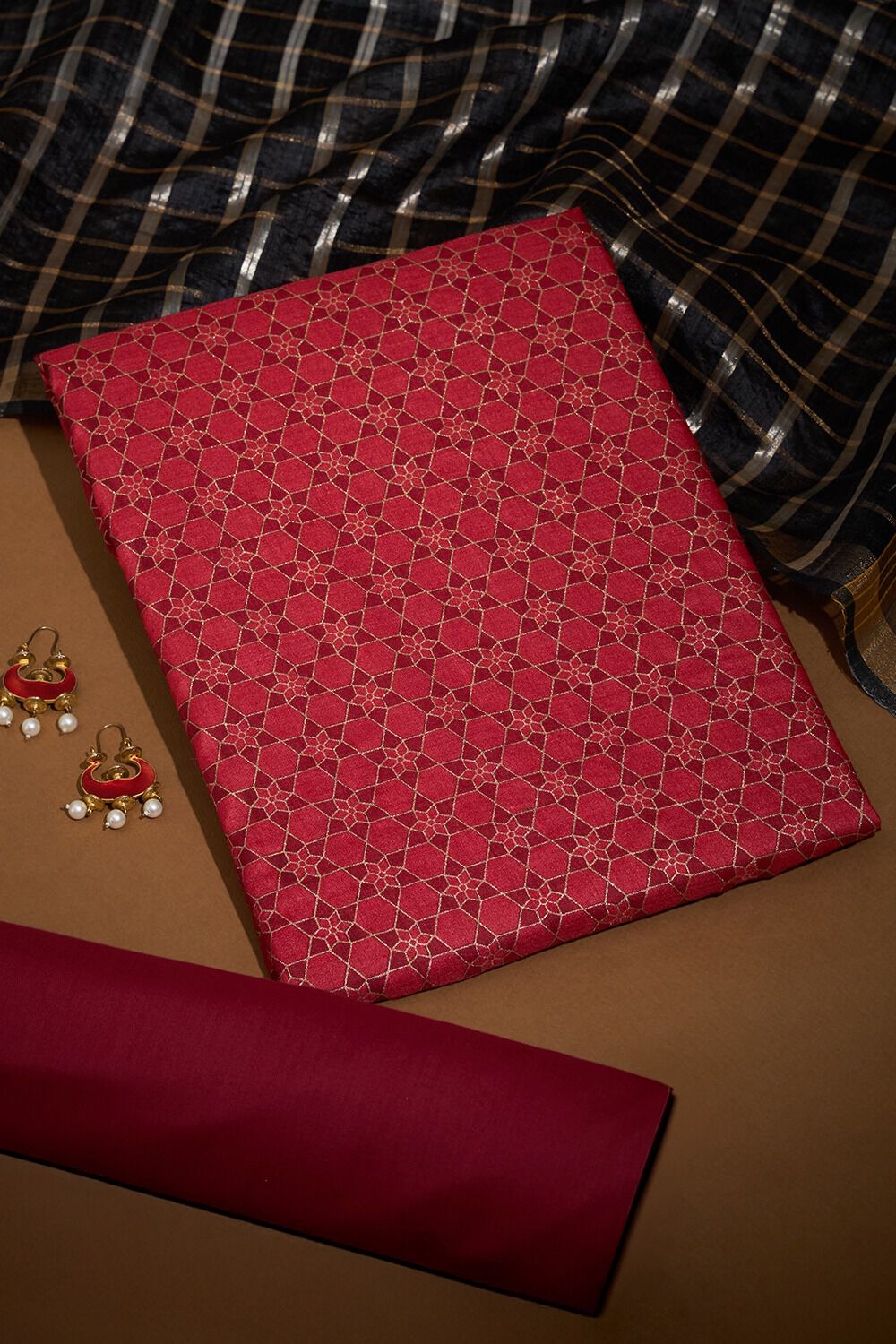 Red Screen Printed Pure Tussar Silk Unstitched Suit Set image number null