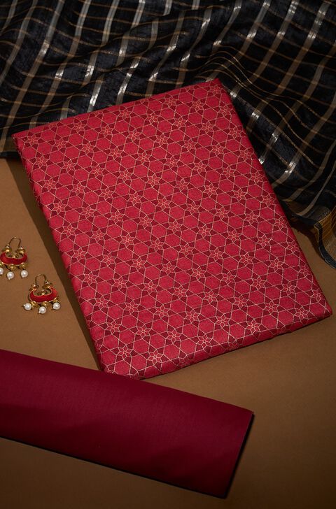 Red Screen Printed Pure Tussar Silk Unstitched Suit Set