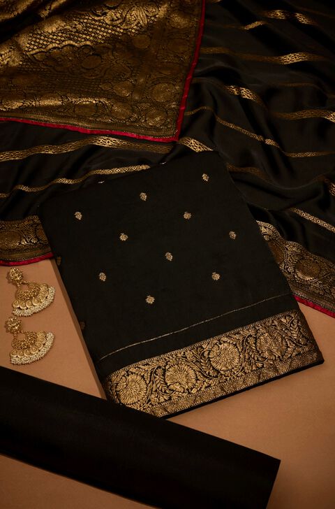 Black Viscose Cutwork Unstitched Suit Set