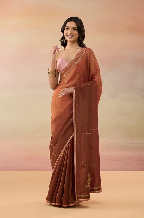 Red Viscose Tissue Embroidered Saree