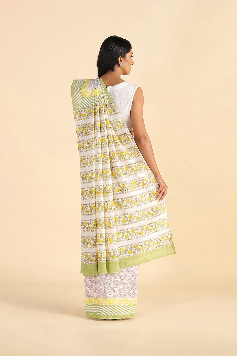 Light Green Pure Khadi Cotton Sanganeri Hand Blockprinted Saree image number null