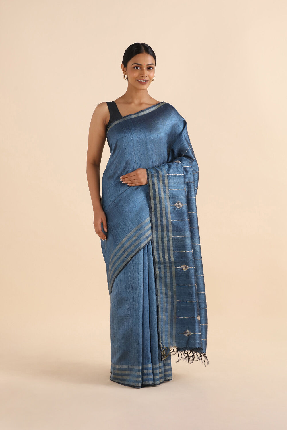 Dark Blue Pure Tussar Silk Bhagalpuri Saree image number null