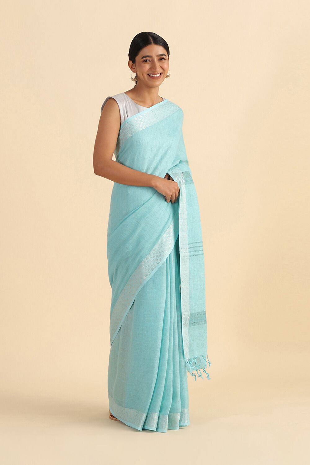 Light Blue Handwoven Bhagalpuri Pure Linen Saree image number null