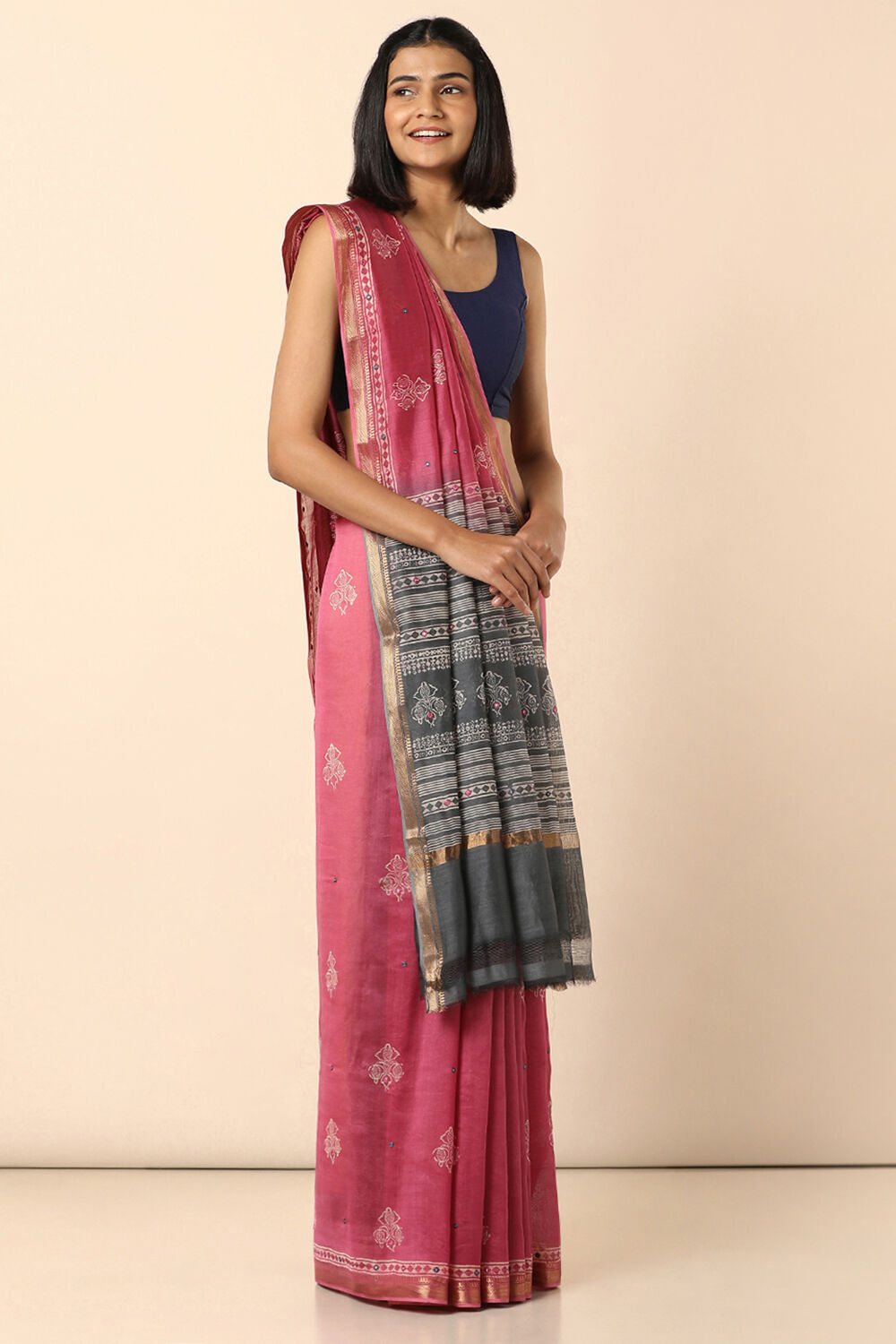 Pink Pure Silk Cotton Embroidered Saree image number null