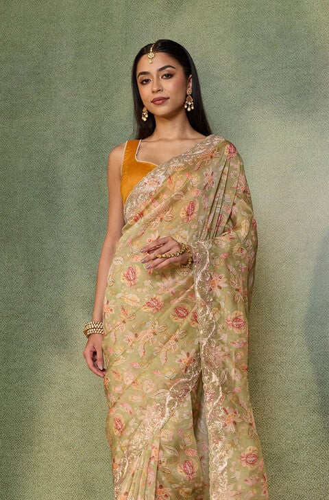 Light Green Embroidered Pure Viscose Saree