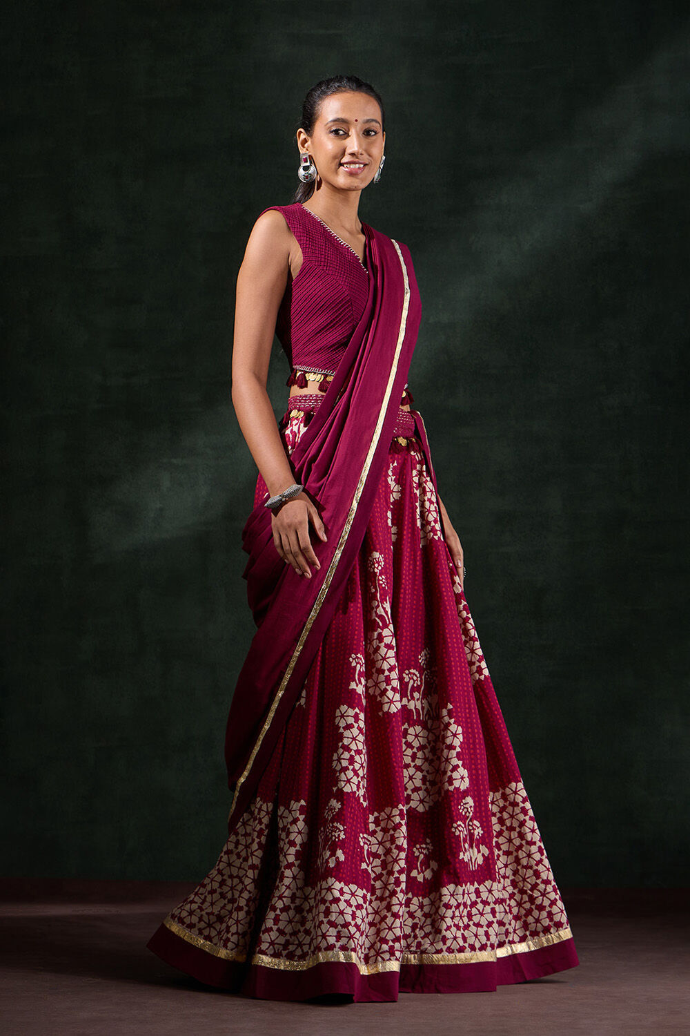 Dark Red Pure Cotton Printed Embroidery Lehenga Set image number null