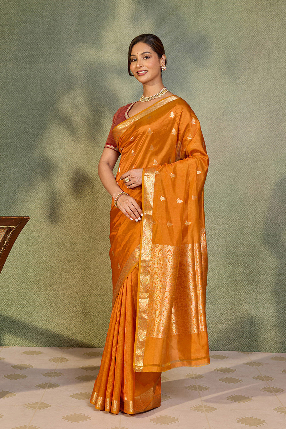 Dark Orange Silk Viscose Cutwork Banaras  Saree image number null