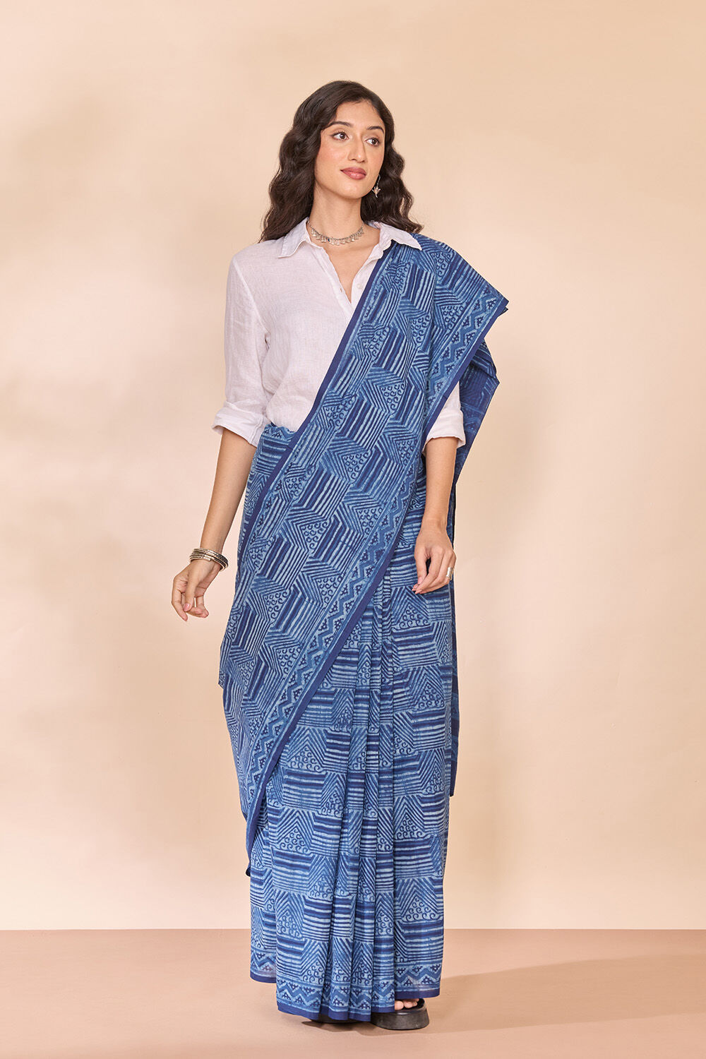 Blue Rajasthan Pure Cotton Dabu Block Printed Saree image number null