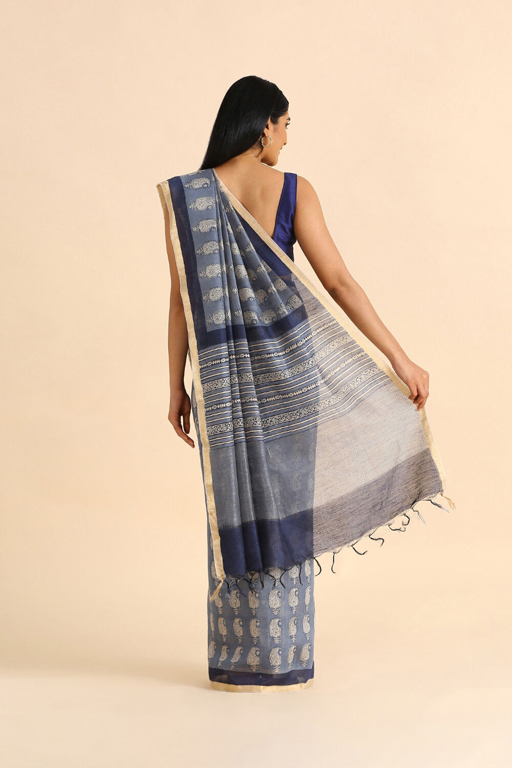 Light Blue Hand Blockprinted Pure Tussar Vanya Saree image number null