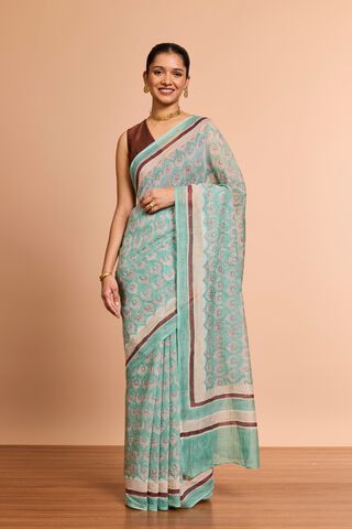 Light Blue Rajasthan Pure Silk Cotton Printed Mukaish Saree thumbnail image number null
