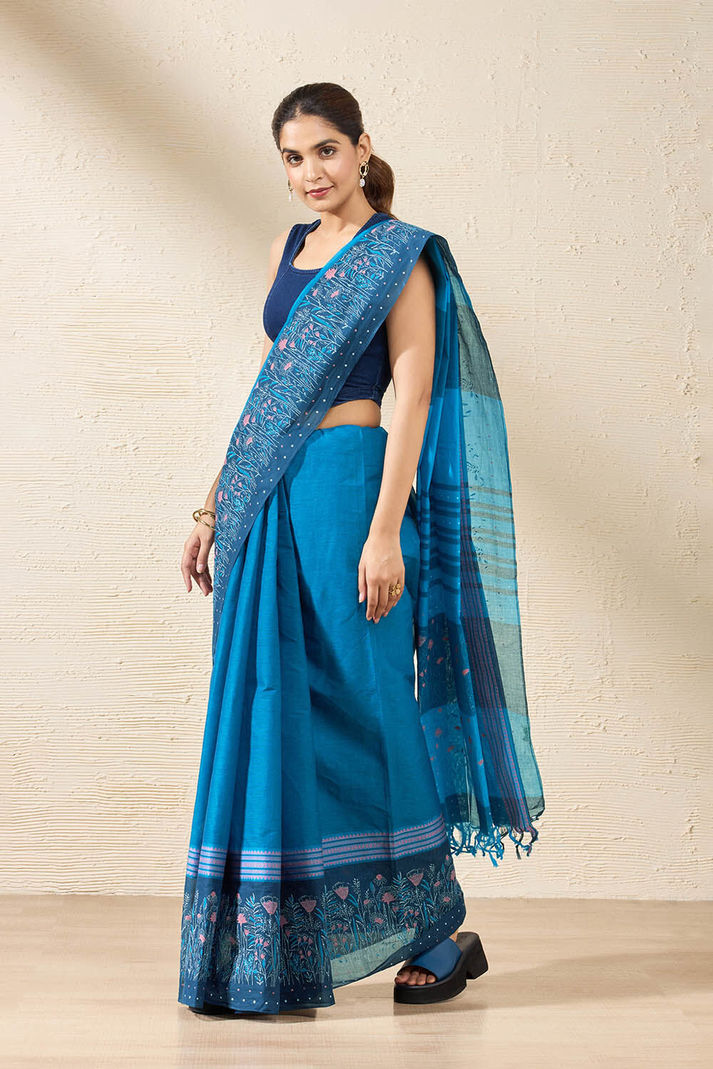 Blue Rajasthan Block Printed Pure Cotton Saree image number null