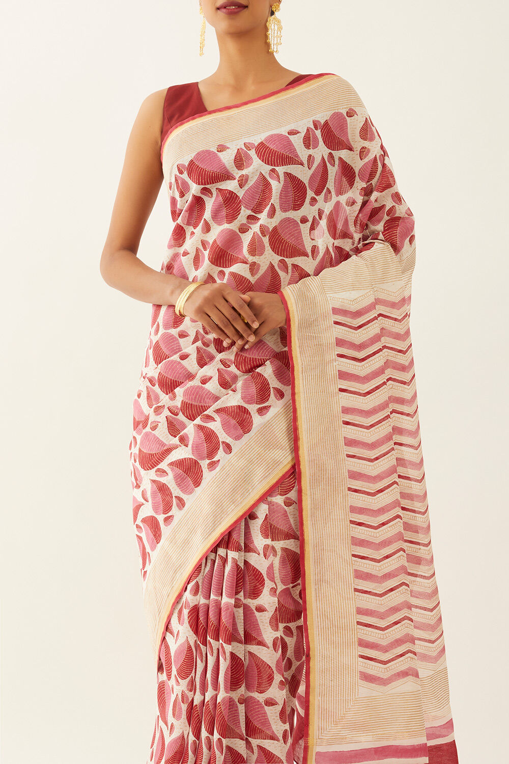 Off White Pure Silk Cotton Hand Printed Saree image number null