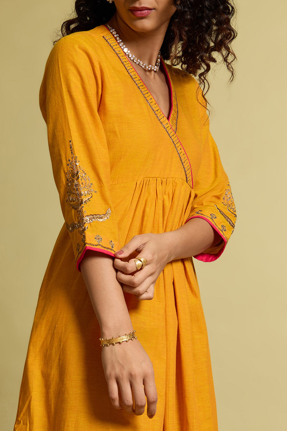 Yellow Embroidered Pure Cotton Kurta image number null