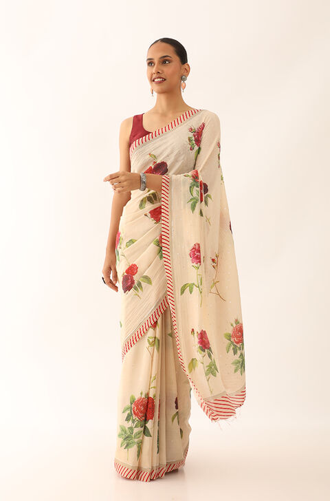 Light Beige Bhagalpur Pure Tussar Cotton Screen Printed Saree