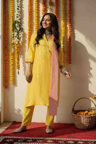 Yellow Viscose Woven Kurta Set image number