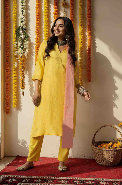 Yellow Viscose Woven Kurta Set