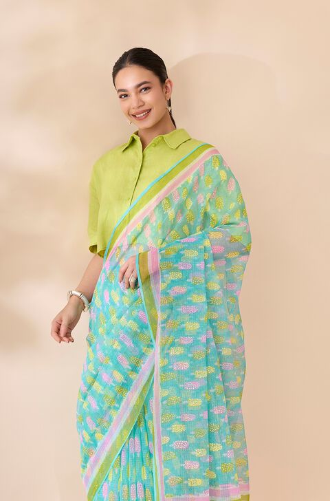 Blue Rajasthan Printed Sanganeri Pure Cotton Kota Saree