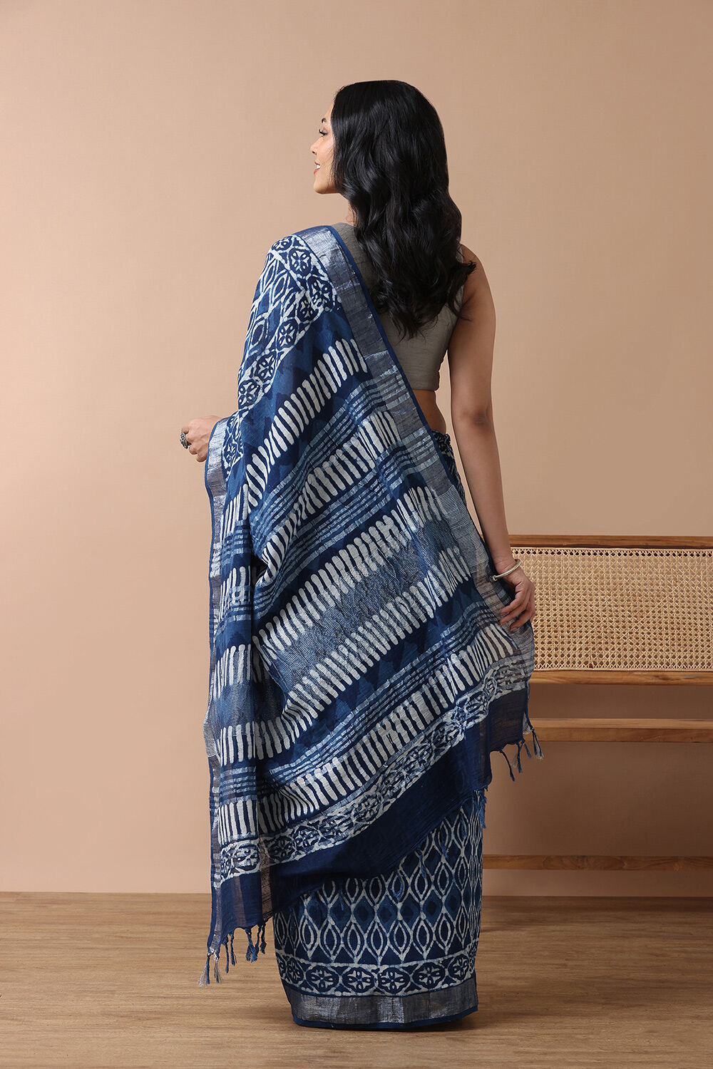 Blue Cotton Viscose Rajasthan Block Printed Saree image number null