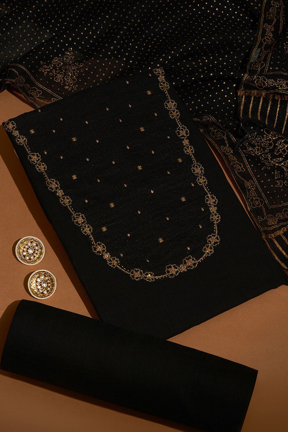 Black Embroidered Pure Cotton Unstitched Suit Set image number null