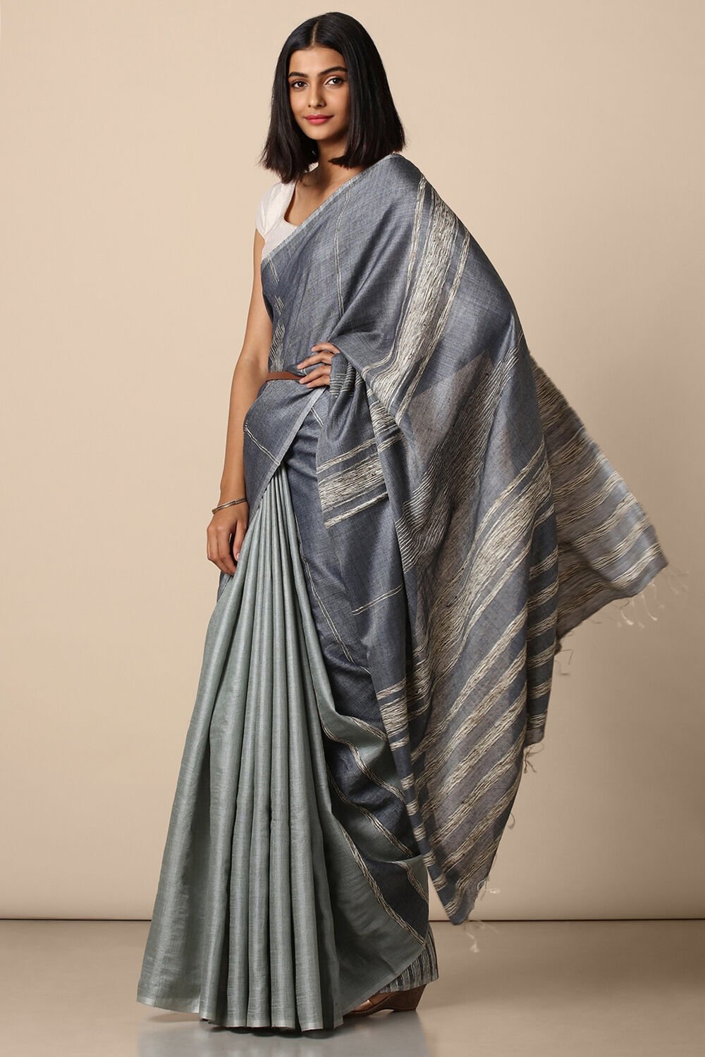 Grey Pure Tussar Woven Saree image number null