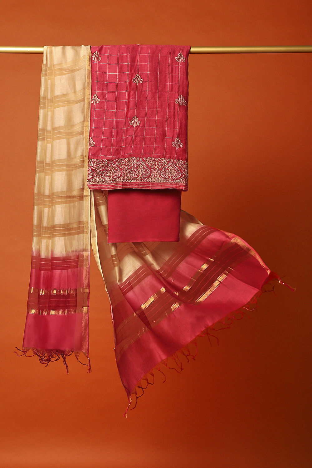 Dark Red Tussar Vanya Embroidered Unstitched Suit Set image number null