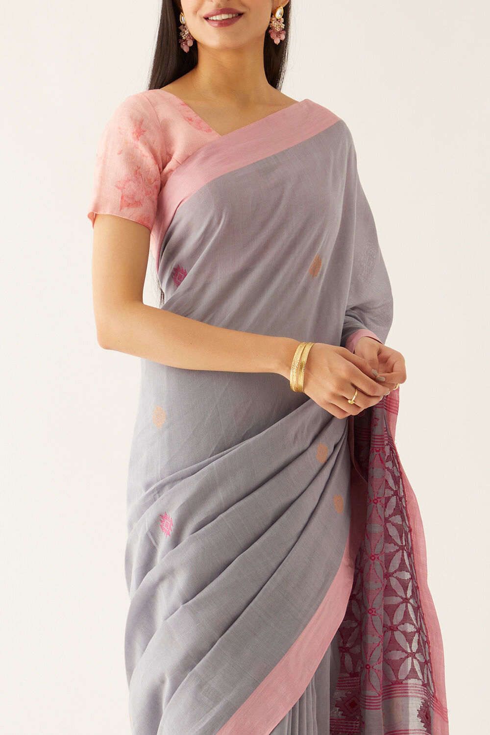 Grey Pure Cotton Bengal Saree image number null