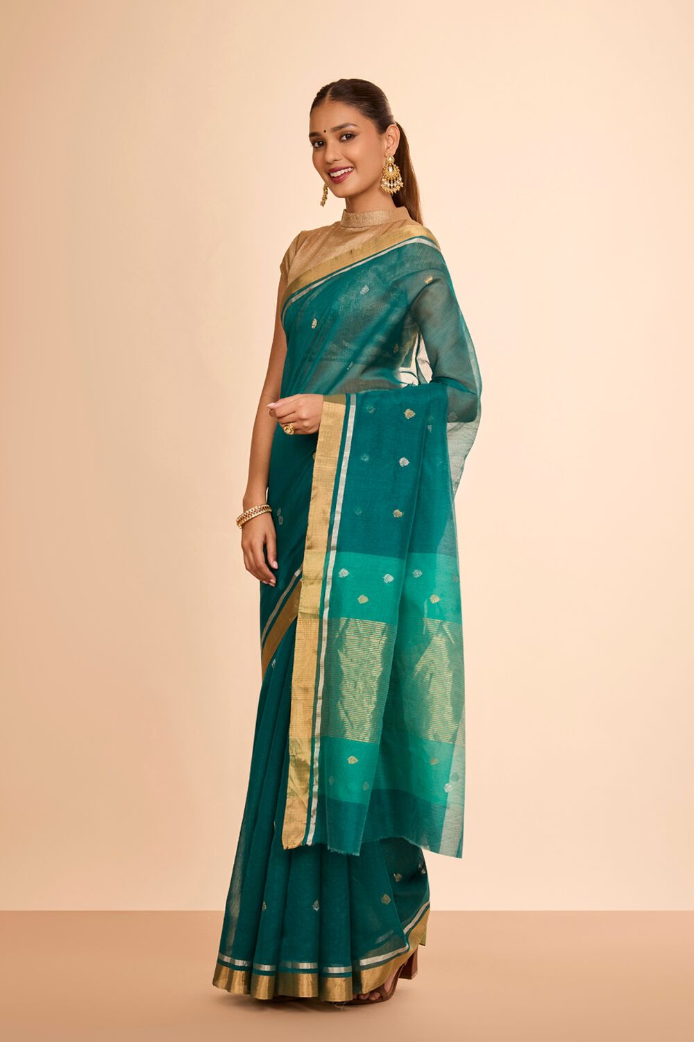 Dark Green Woven Pure Silk Cotton Chanderi Saree image number null