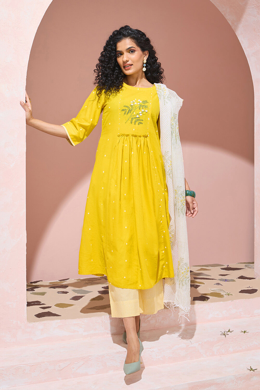 Yellow Pure Cotton Printed Embroidery Kurta Set image number null
