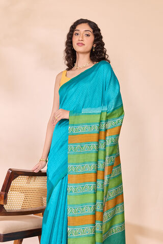 Blue Block Printed Silk Muga Saree image number