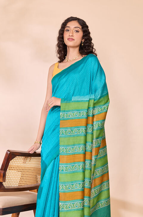Blue Block Printed Silk Muga Saree