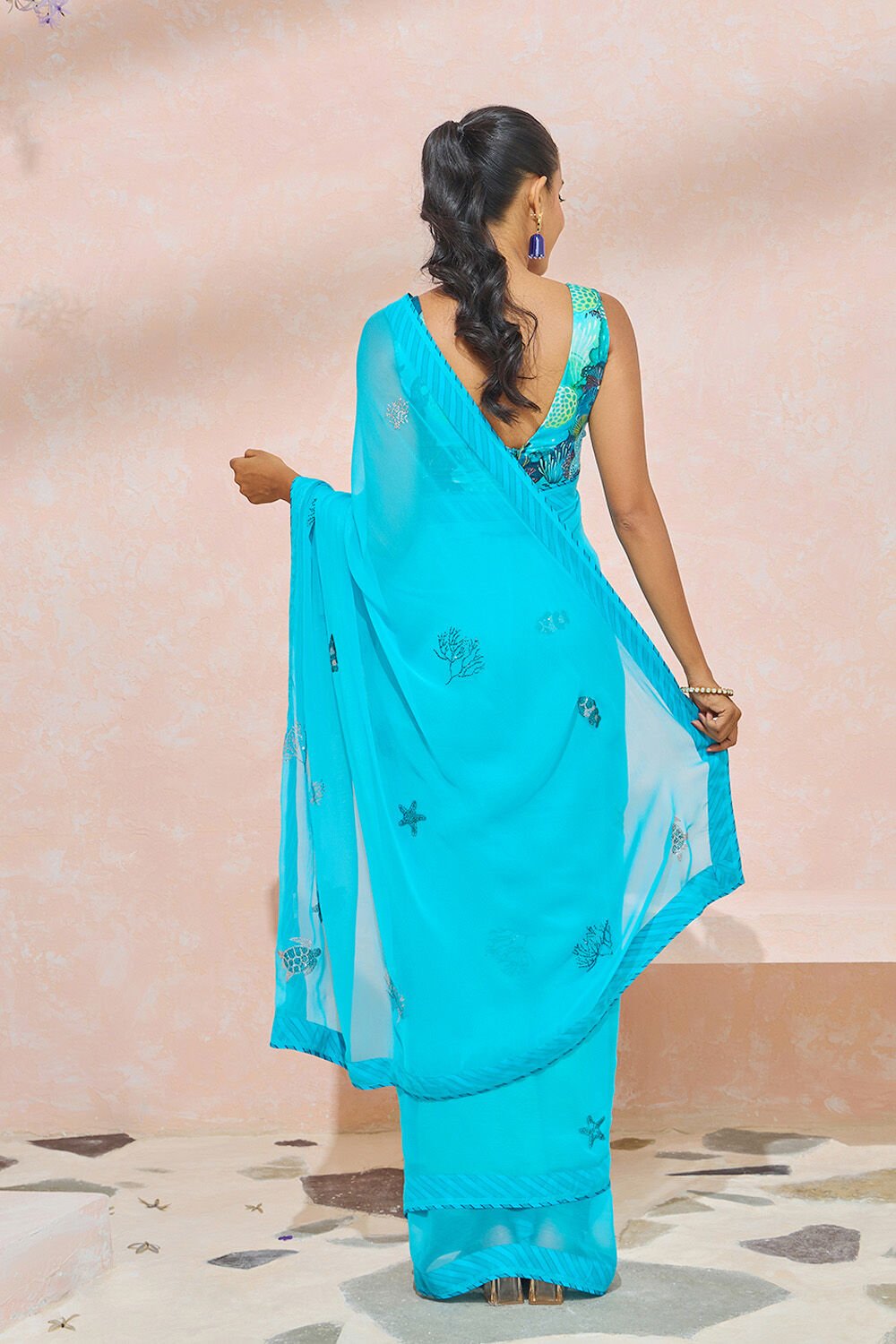 Blue Crystal Viscose Chiffon Saree image number null
