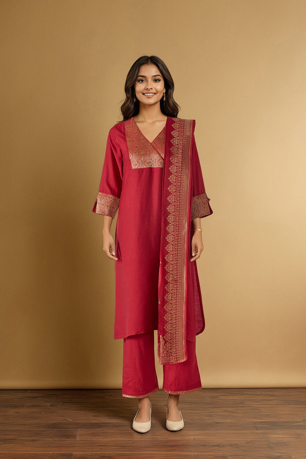 Red Brocade Pure Viscose Kurta Set image number null