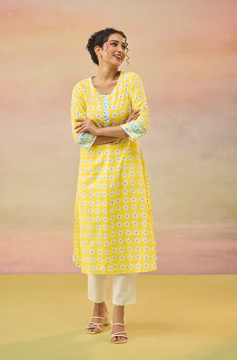 Yellow Screen Printed Pure Cotton Kurta